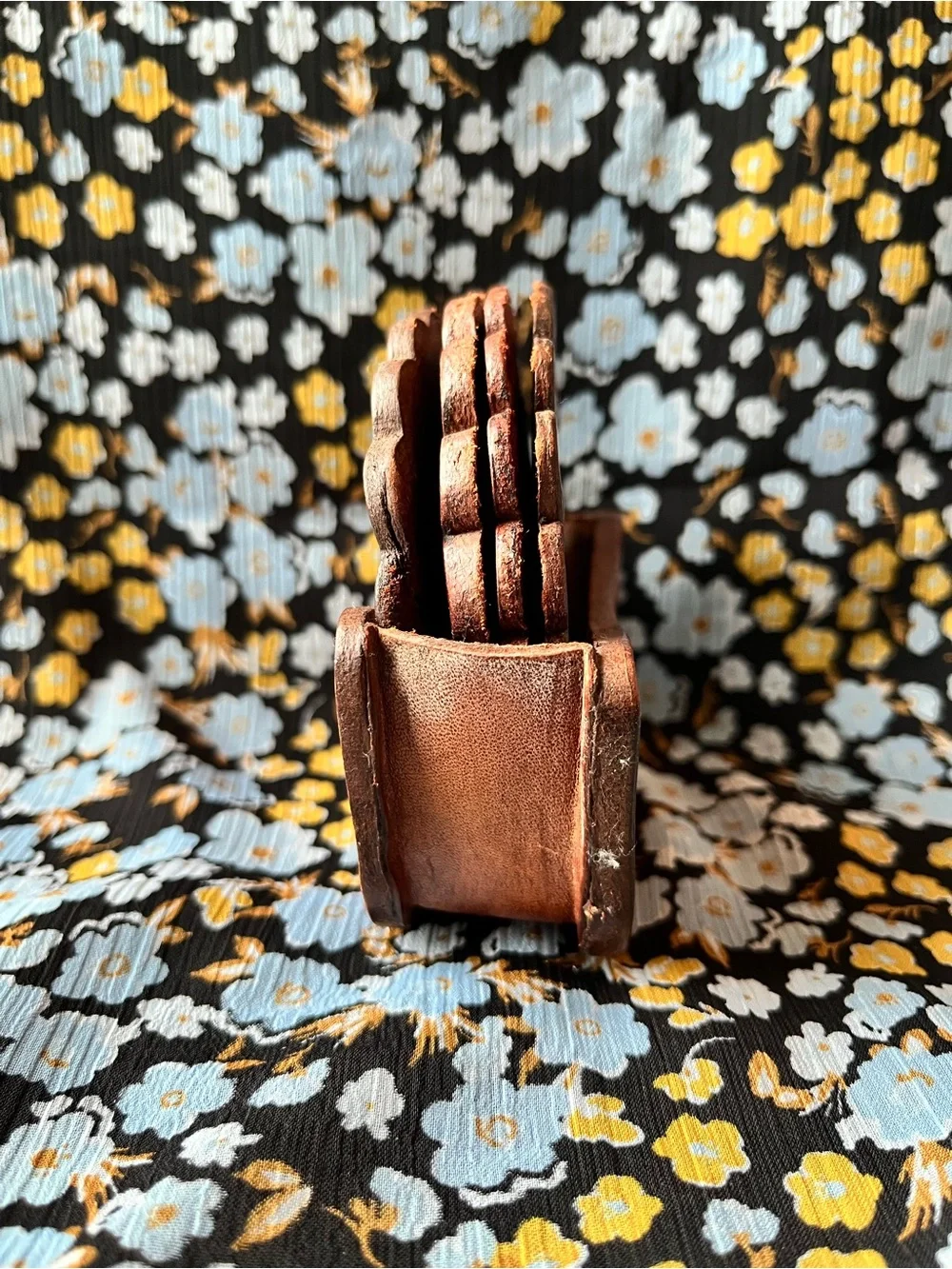 Vintage Handcrafted Peruvian Leather Coaster (4) set with Holder